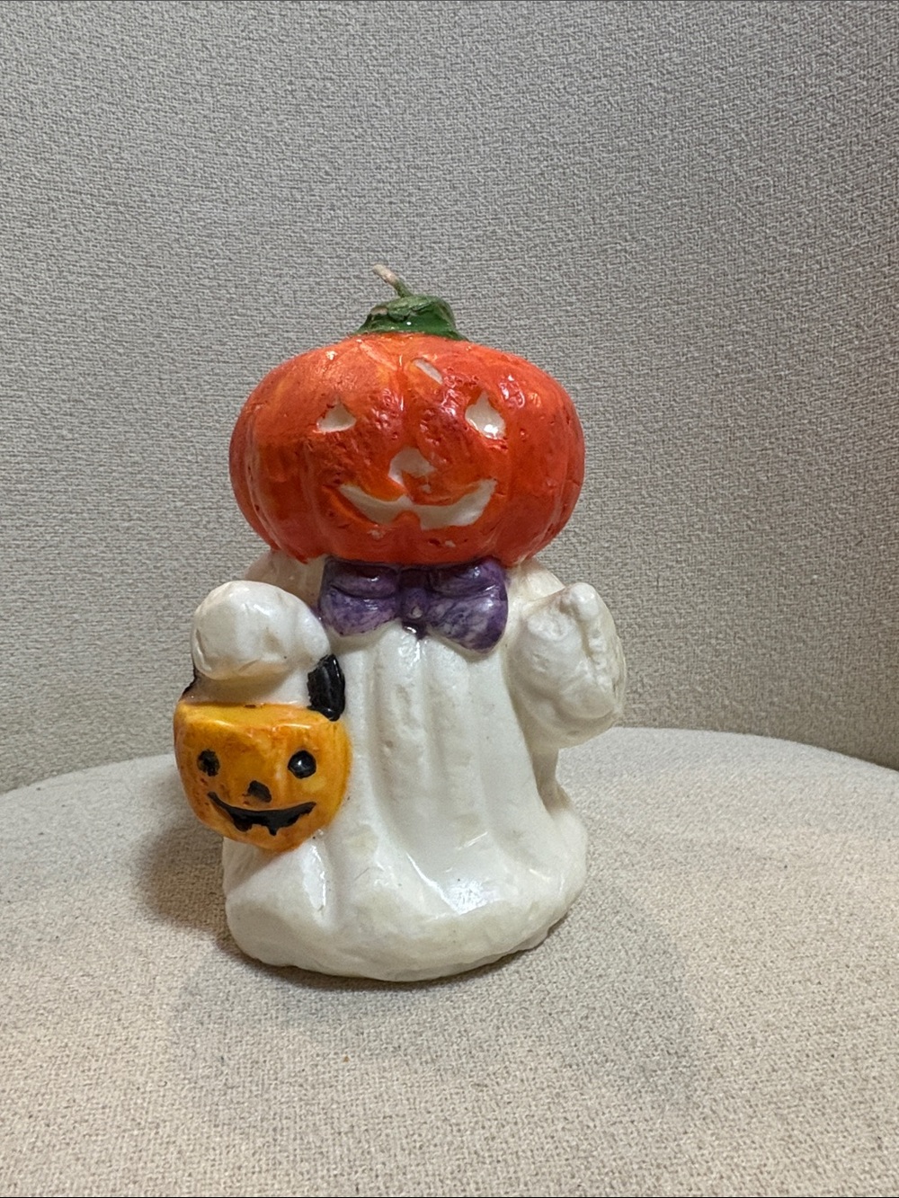 VTG Halloween Pumpkin Head Ghost soft wax candle Orange & White
